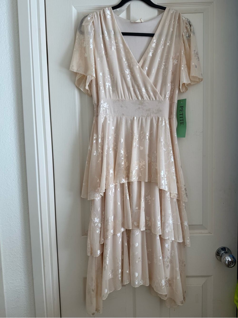 Petite Layered V-Neck Cream Floral High-Low Dress